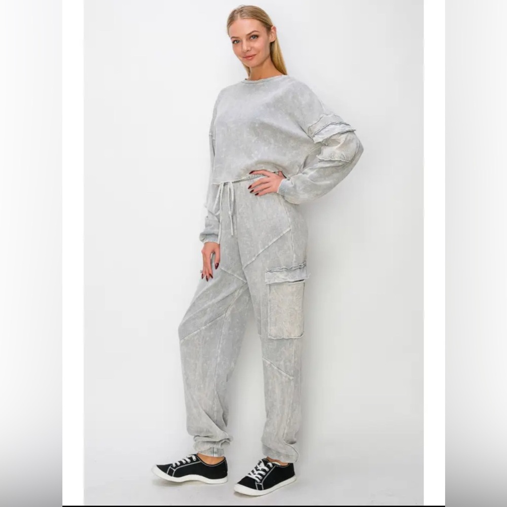 New  2piece Mineral Wash Waffle Cargo Jogger & Matching Long Sleeve Pocket Shirt